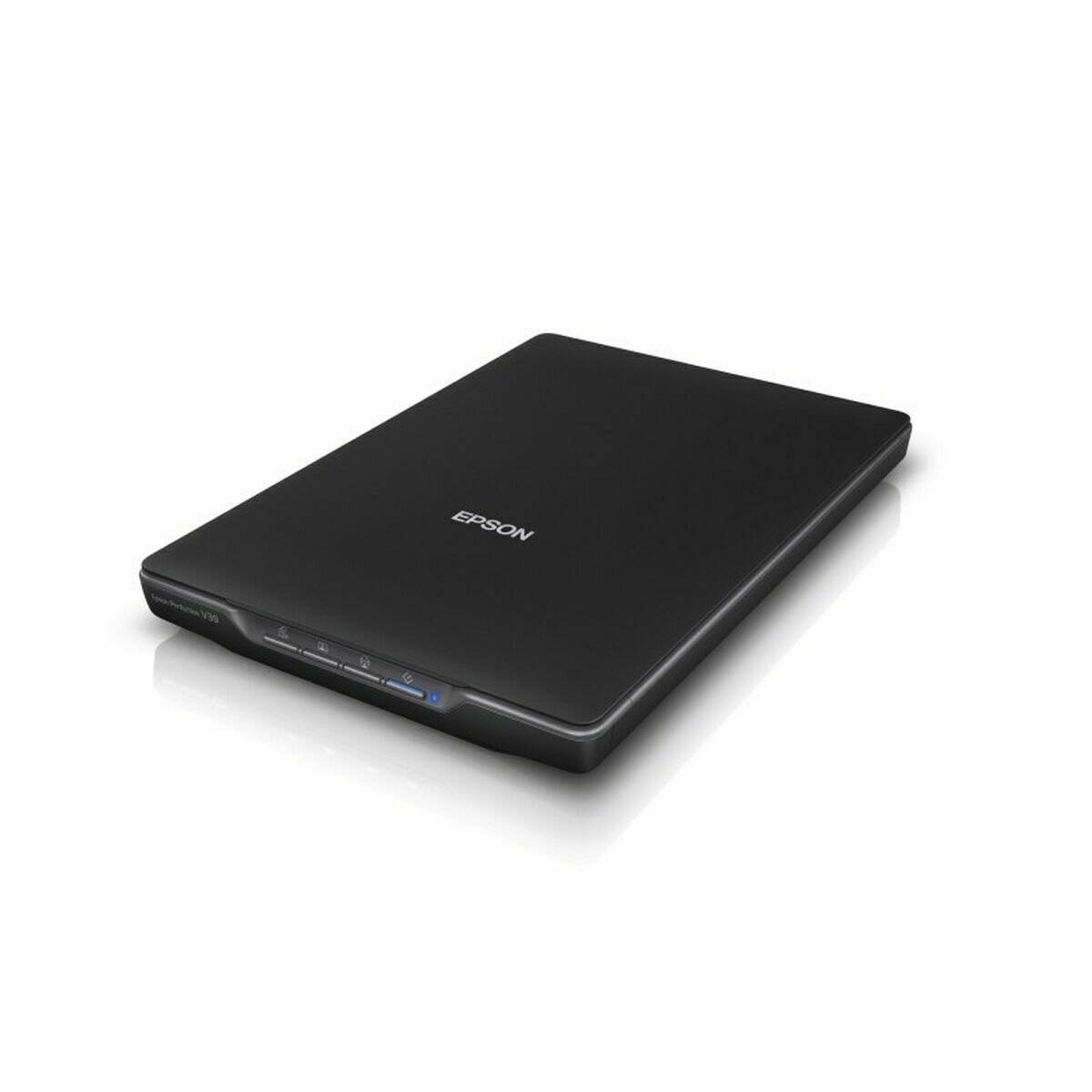 Flachbettscanner mit 'Epson'-Logo auf der Oberseite, in einem eleganten schwarzen Design.