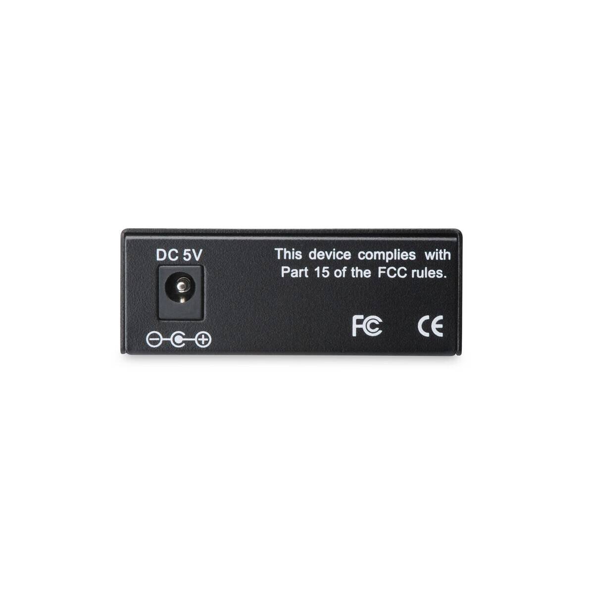 Rückansicht eines elektronischen Geräts mit einem DC-5V-Eingang und Konformitätssymbolen für FCC- und CE-Vorschriften.