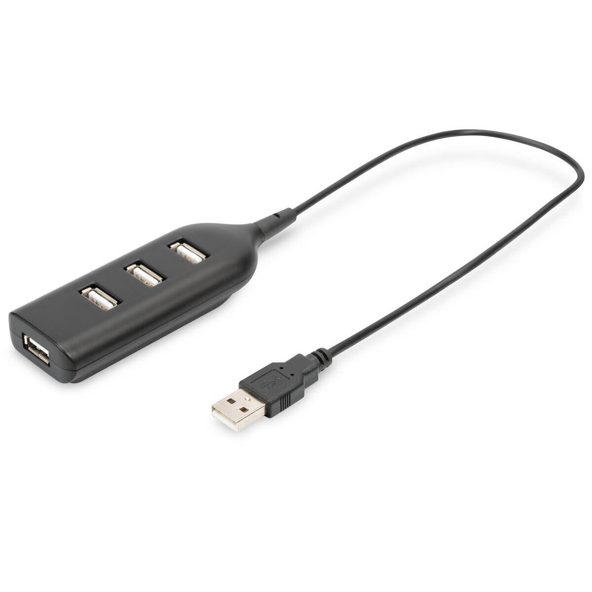 Ein schwarzer USB-Hub mit drei Anschlüssen, einem kurzen Kabel und einem USB-Anschluss, der nützlich ist, um die USB-Konnektivität von Geräten zu erweitern.