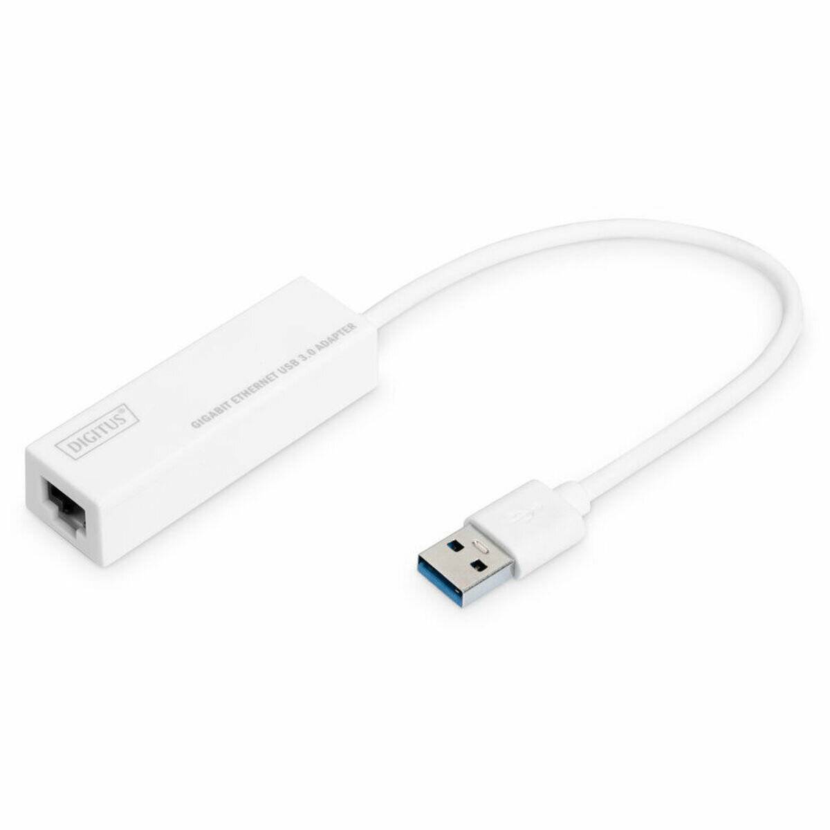 Ein weißer USB-zu-Ethernet-Adapter mit einem USB-3.0-Anschluss auf der einen Seite und einem Ethernet-Port auf der anderen Seite, der für kabelgebundene Internetverbindungen verwendet wird.