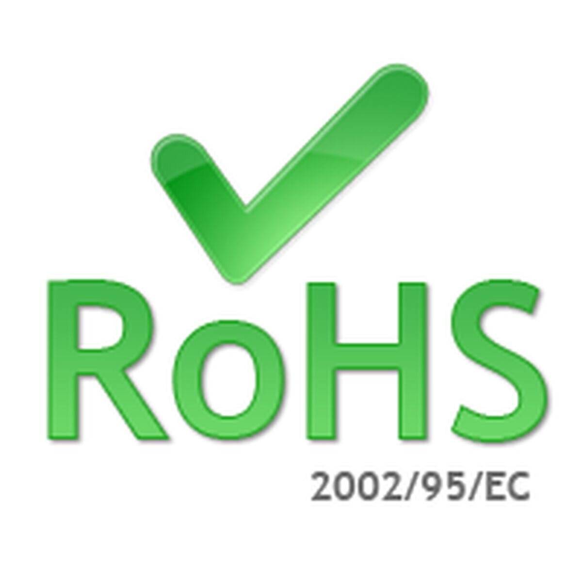 RoHS 2002/95/EG' Text mit einem grünen Häkchen, das die Einhaltung der Richtlinie zur Beschränkung gefährlicher Stoffe symbolisiert.