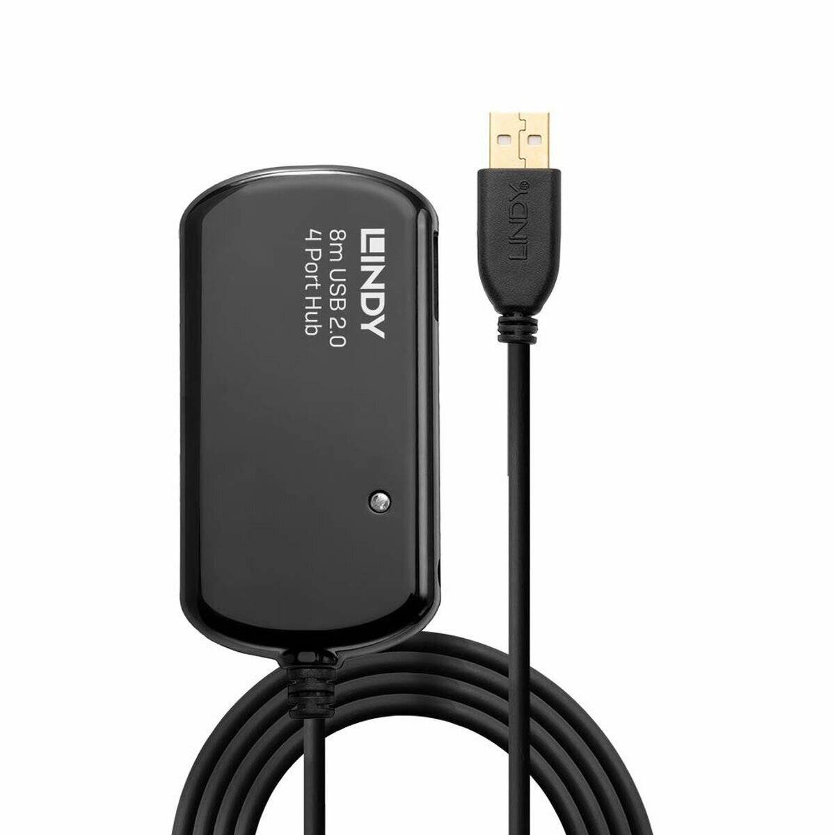 Ein schwarzer Lindy USB 2.0 4-Port-Hub mit angeschlossenem Kabel und Anschluss, der zur Erweiterung der USB-Konnektivität auf kompatiblen Geräten entwickelt wurde.