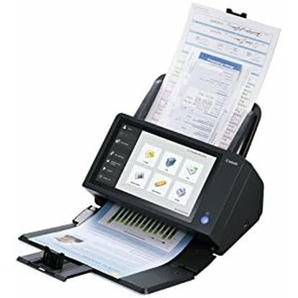 Ein Desktop-Scanner verarbeitet mehrere Blätter, wobei ein digitales Display verschiedene Funktionssymbole zeigt.