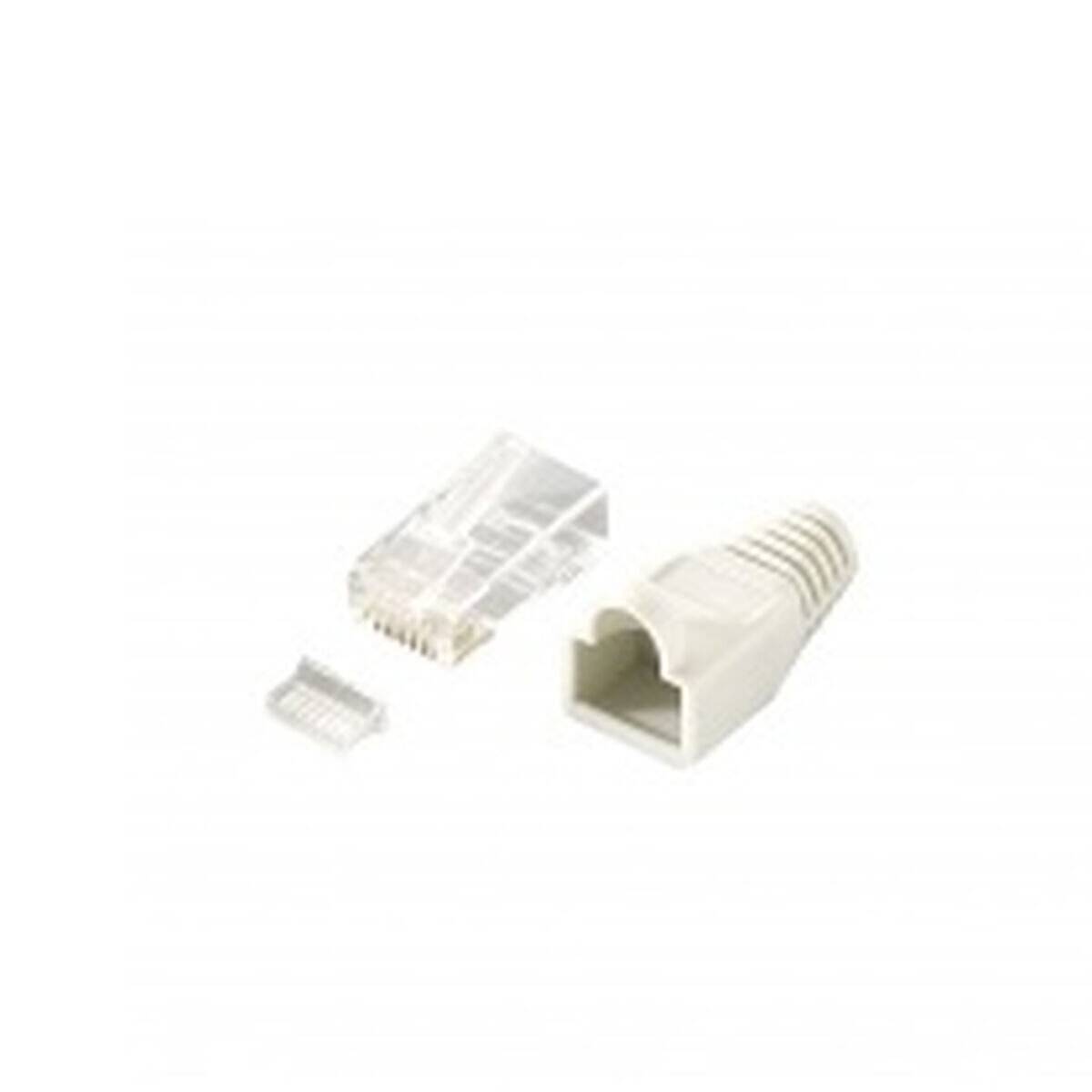 RJ45-Steckverbinder-Teile und Schutzmanschette.' Das Bild zeigt separate Komponenten: einen RJ45-Stecker, Metallstifte und eine Schutzmanschette, die bei Ethernet-Kabeln verwendet werden.