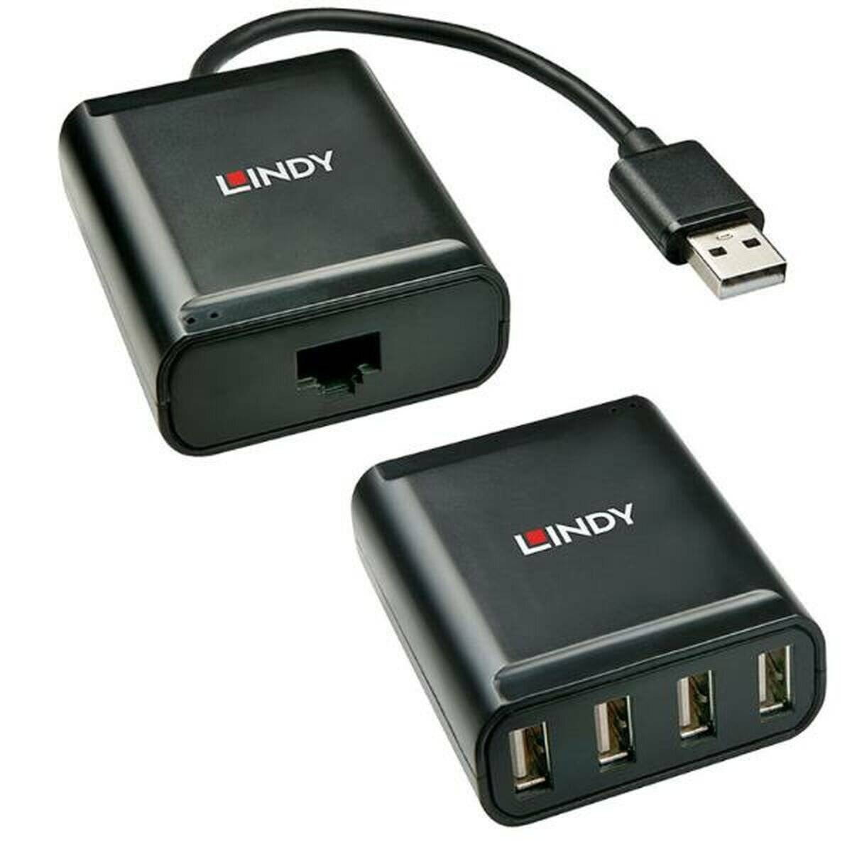 Zwei schwarze USB-Verlängerungsgeräte mit 'Lindy' Logo; eines verfügt über einen USB-Anschluss und einen Ethernet-Port, das andere besitzt drei USB-Anschlüsse.