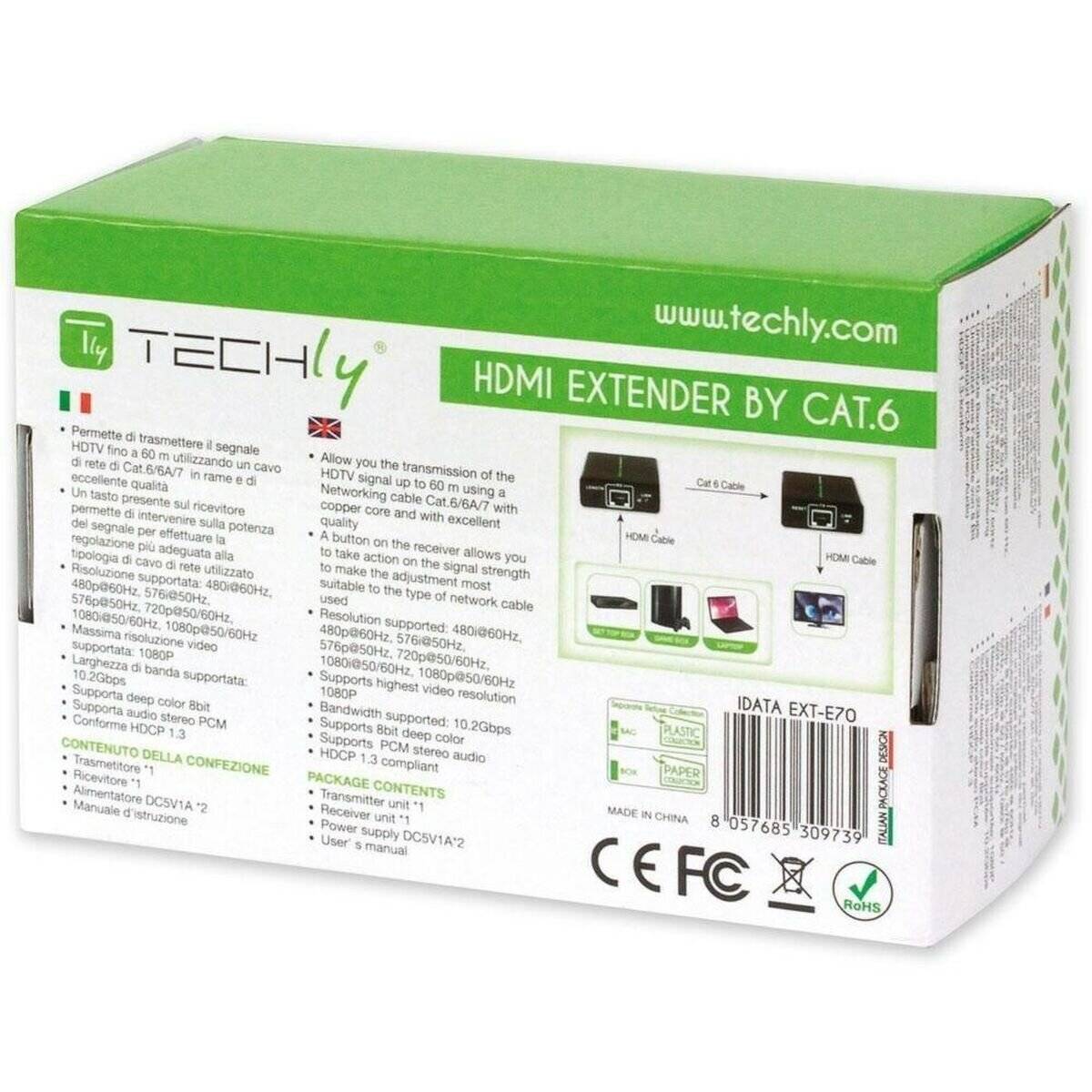 Karton von HDMI-Extender über CAT.6 mit Produktdetails und Bildern der Extender-Einrichtung. Website-URL oben. Icons unten.
