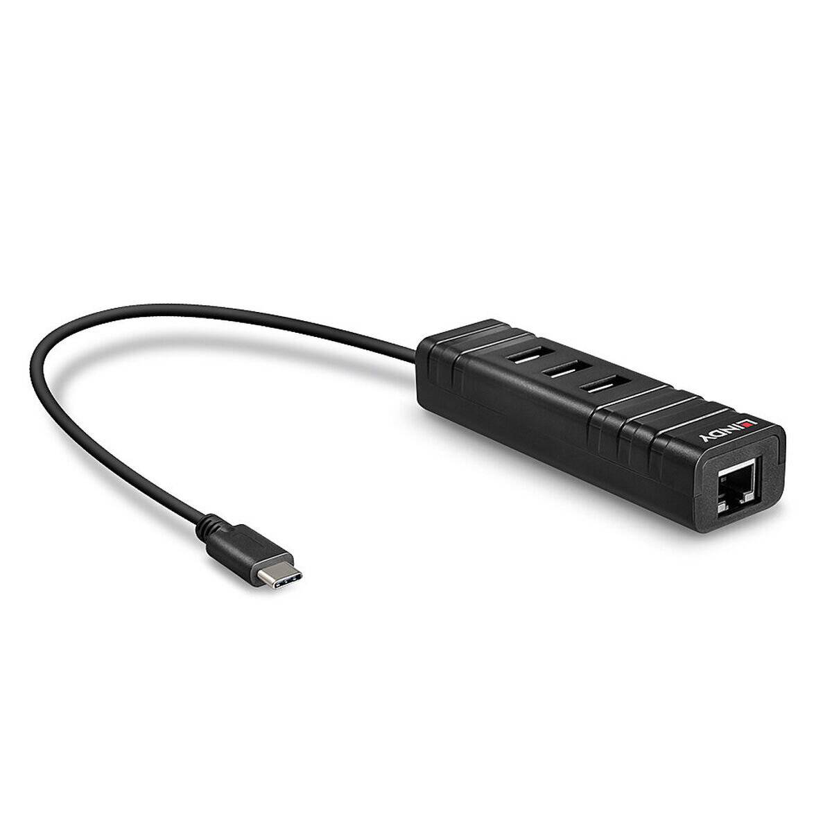Ein schwarzer USB-Hub mit einem USB-C-Anschluss, ausgestattet mit drei USB-Anschlüssen und einem Ethernet-Anschluss für Konnektivität und Netzwerkzugang.