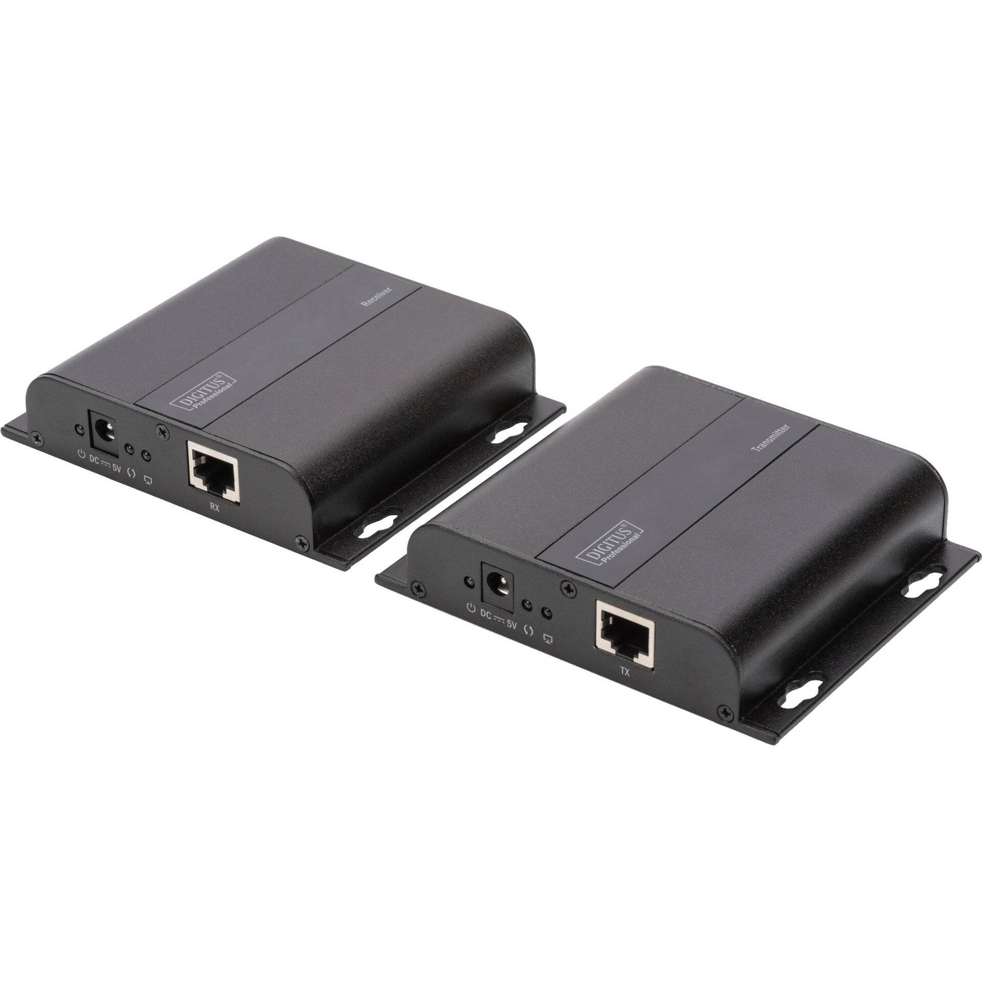 Zwei schwarze Netzwerkverlängerungen mit Ethernet-Anschlüssen, Stromanschlüssen und Anzeigen, die zur Erweiterung der Netzwerkverbindung über große Distanzen verwendet werden.