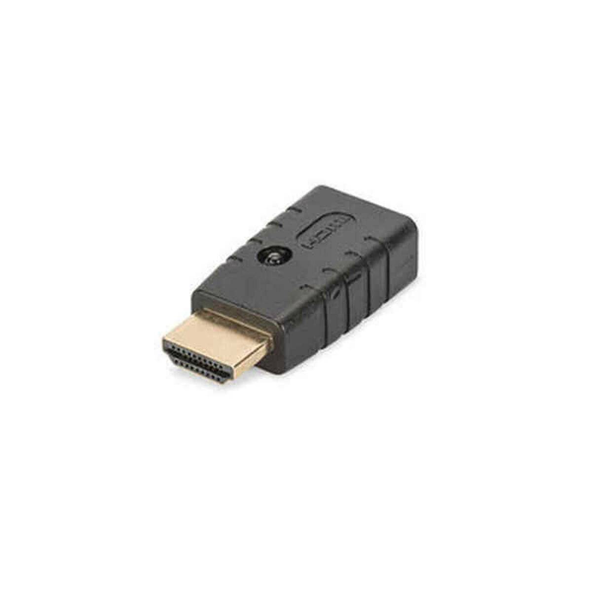 Ein schwarzer HDMI-Adapter mit einem männlichen HDMI-Stecker auf der einen Seite und einer weiblichen Buchse auf der anderen Seite, der zum Anschließen von HDMI-Kabeln verwendet wird.