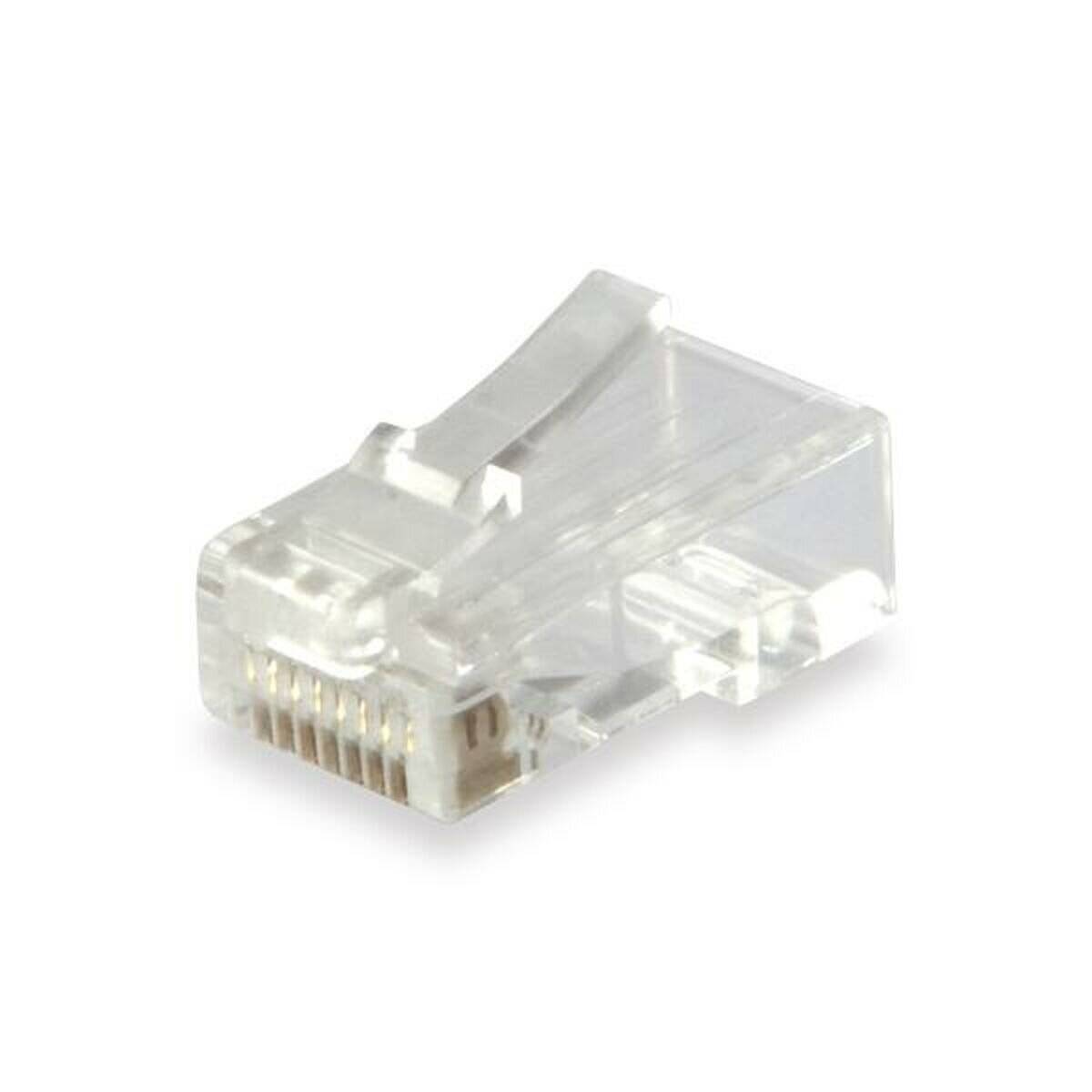 Ein transparenter Ethernet-Kabelstecker, allgemein als RJ45-Stecker bekannt, der für Internet- und Netzwerkverbindungen verwendet wird.