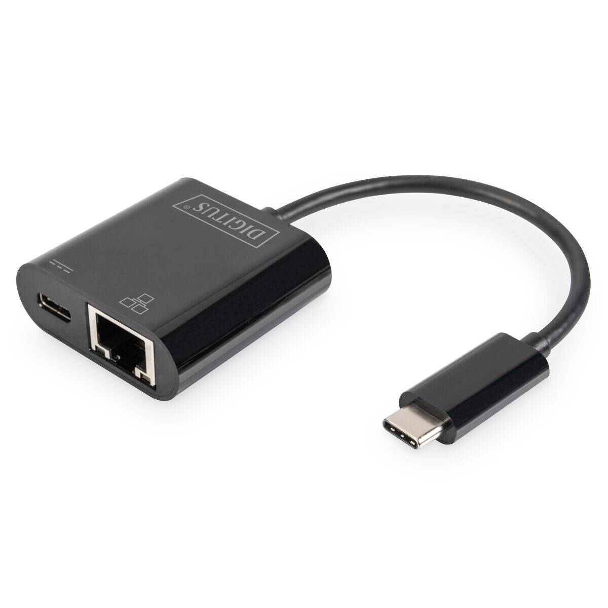 Ein schwarzer USB-C-Hub mit einem kurzen Kabel verfügt über einen USB-C-Anschluss, einen Ethernet-Anschluss und einen HDMI-Anschluss, beschriftet mit ‚Digitus'.