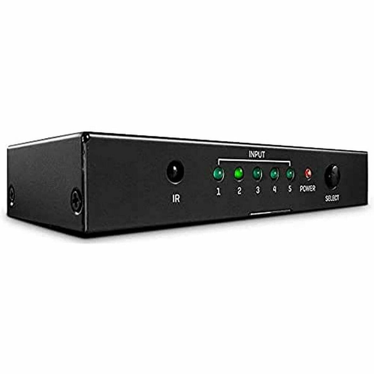 Eine schwarze elektronische Schaltbox mit fünf Eingangsindikatoren und einer Betriebsanzeige auf der Frontplatte. Geeignet für die Auswahl verschiedener Eingangssignalquellen.