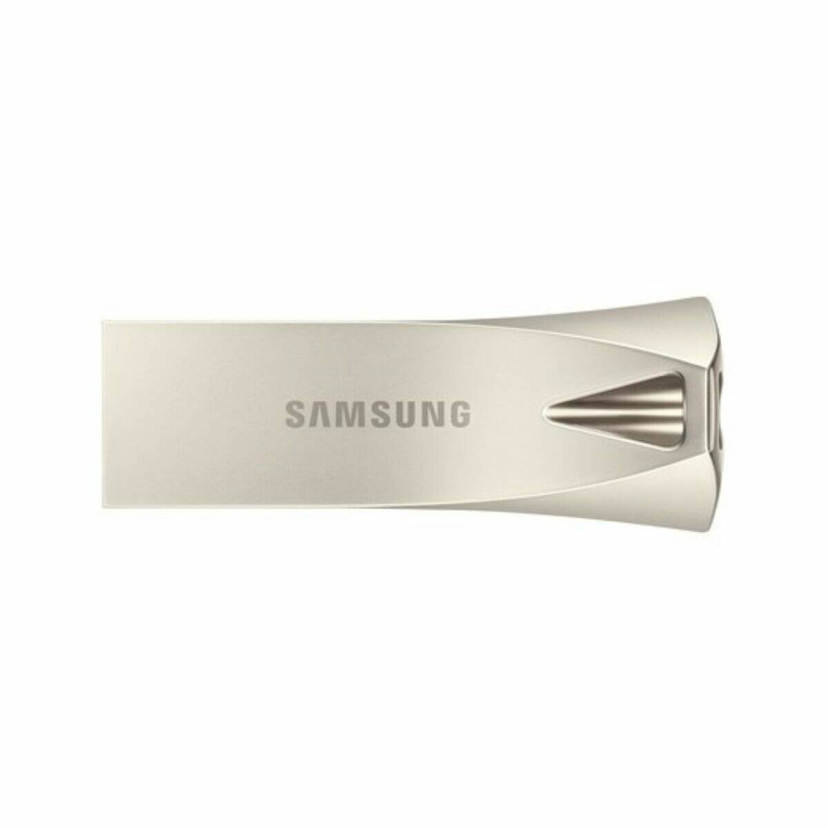 Ein USB-Stick von Samsung mit einem eleganten, metallfarbenen Design, auf dem das Samsung-Logo auf der Vorderseite eingraviert ist.