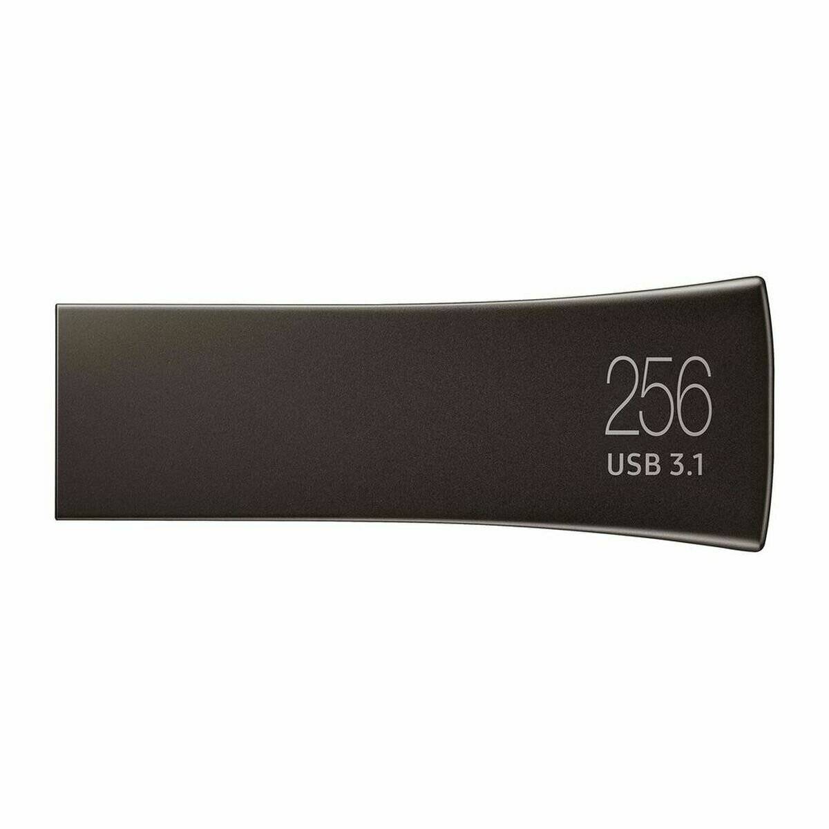 Ein schwarzer USB-Stick mit der Aufschrift '256 GB USB 3.1', der seine Speicherkapazität und Datenübertragungsstandard anzeigt.