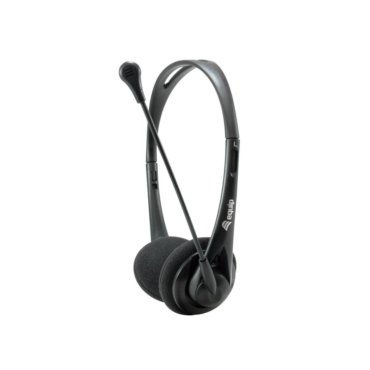 Ein schwarzes On-Ear-Headset mit einem flexiblen Mikrofonarm und einem Markenlogo auf dem Hörer, entwickelt für Audiokommunikation.