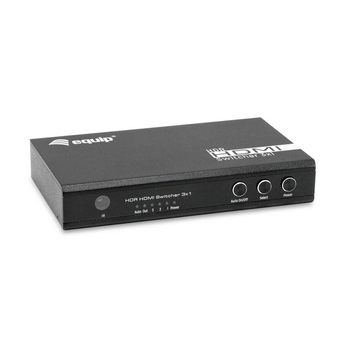 HDR HDMI 3x1-Switch mit 'equip' Logo, Frontansicht mit Anschlüssen, die als 'A-B Aus' und 'A-B Ein' beschriftet sind, sowie Tasten für Stromversorgung, Auswahl und automatischen Wechsel.