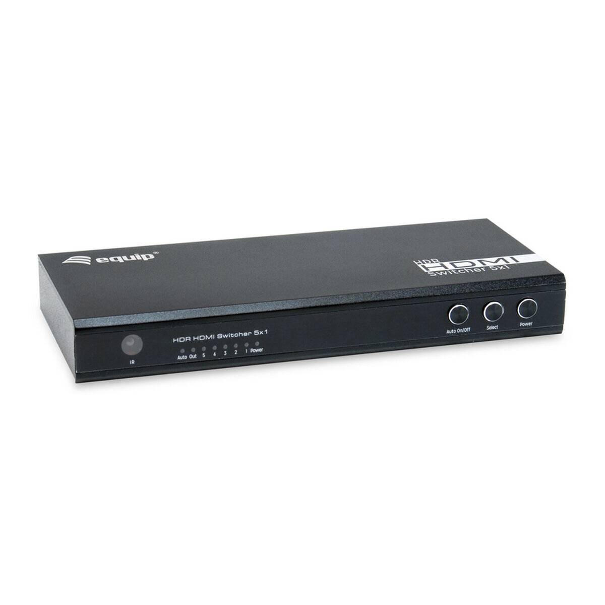 Ein schwarzer HDR HDMI-Switch mit fünf Eingangsbuchsen und Tasten für automatisches Umschalten, manuelle Auswahl und Stromversorgung. Der Markenname befindet sich oben auf dem Gerät.