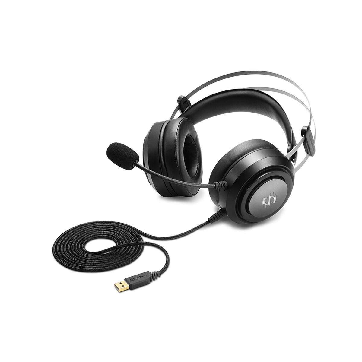 Schwarze Over-Ear-Kopfhörer mit angebrachtem Mikrofon und USB-Anschlusskabel.