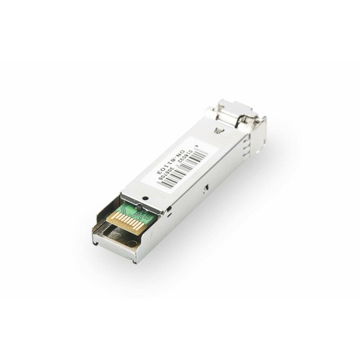 Ein metallisches SFP-Transceiver-Modul, das in Netzwerken für Glasfaser- und Kupferverbindungen eingesetzt wird und eine zentrierte Leiterplatte und Anschluss aufweist.