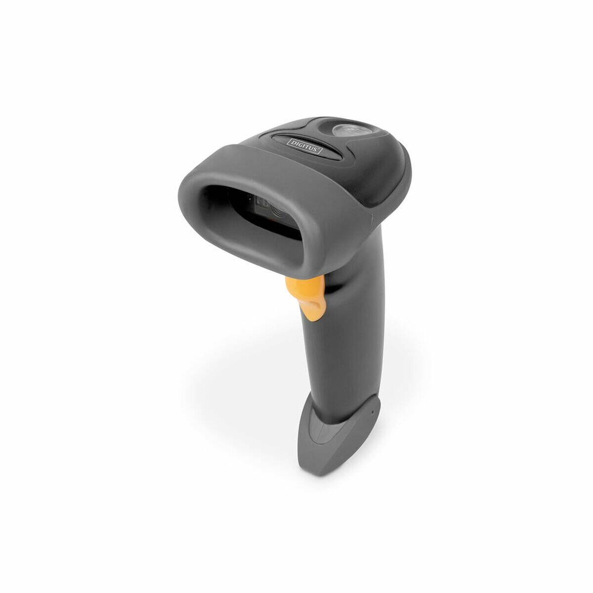 Ein tragbarer Barcode-Scanner mit grau-gelber Gestaltung, verwendet zum Scannen von Barcodes in Einzelhandels- oder Lagerbereichen.