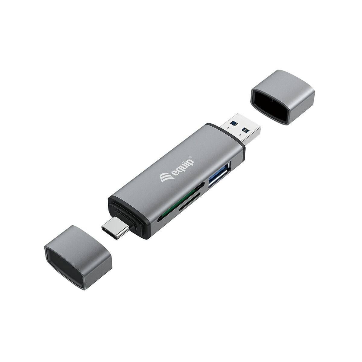 Ein USB-C- und USB-A-Kartenleser mit mehreren Steckplätzen für SD, microSD und mehr, dargestellt mit abgenommenen Kappen.
