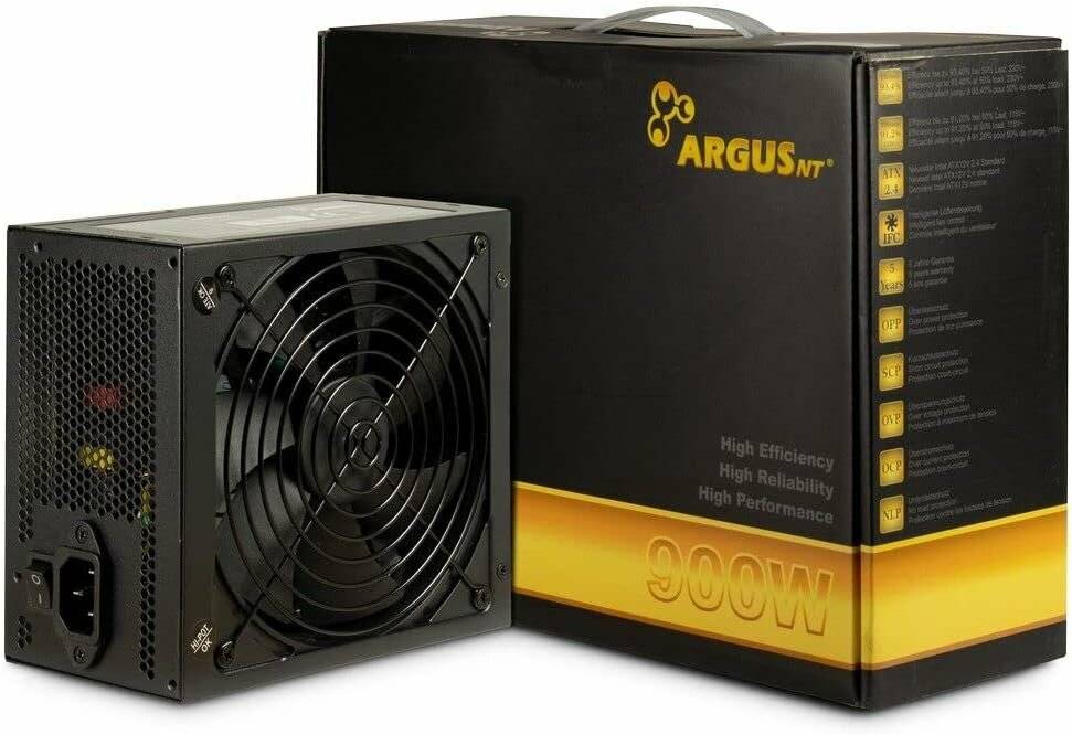 Ein 900-W-Netzteil mit schwarzem Gehäuse, ausgestattet mit einem Lüfter, daneben seine Verpackungsbox mit der Aufschrift 'ARGUS', wobei Effizienz und Zuverlässigkeit betont werden.