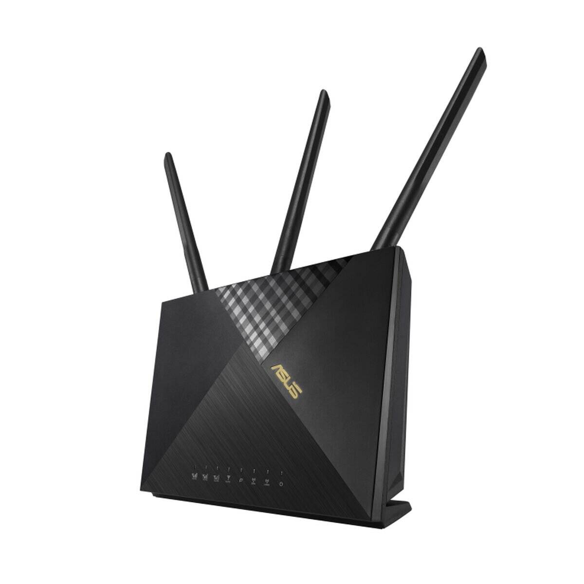 Drahtloser Router mit drei Antennen, mit elegantem schwarzem Design und einem Dreiecksmuster auf der Oberseite, geeignet für Heim- oder Büronutzung.