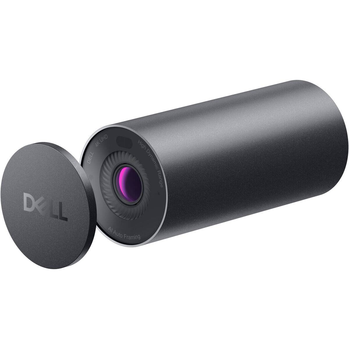 Eine zylindrische Dell-Webcam mit abgenommenem Objektivdeckel, ausgestattet mit Auto-Framing-Technologie, entwickelt für hochwertige Videokonferenzen.