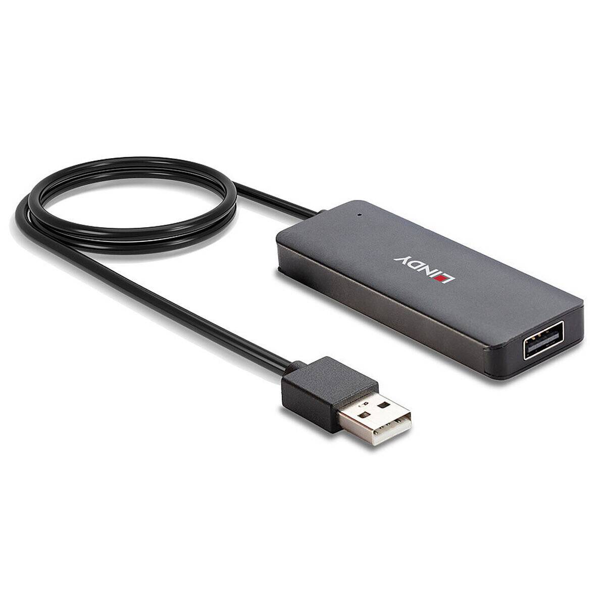 Ein schlanker USB zu HDMI Adapter mit USB-Kabel, der verwendet wird, um einen Computer mit einem HDMI-Gerät für Video- und Audioübertragung zu verbinden.