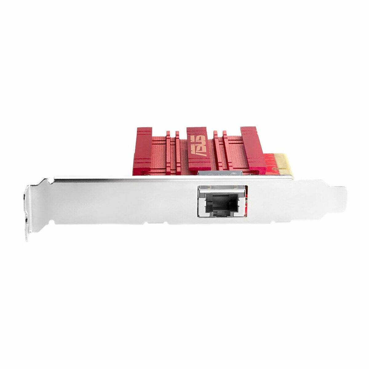Ein roter PCIe-Netzwerkadapter mit Metallrückblende und einem Ethernet-Anschluss, entwickelt für High-Speed-Internetverbindungen in Computern.