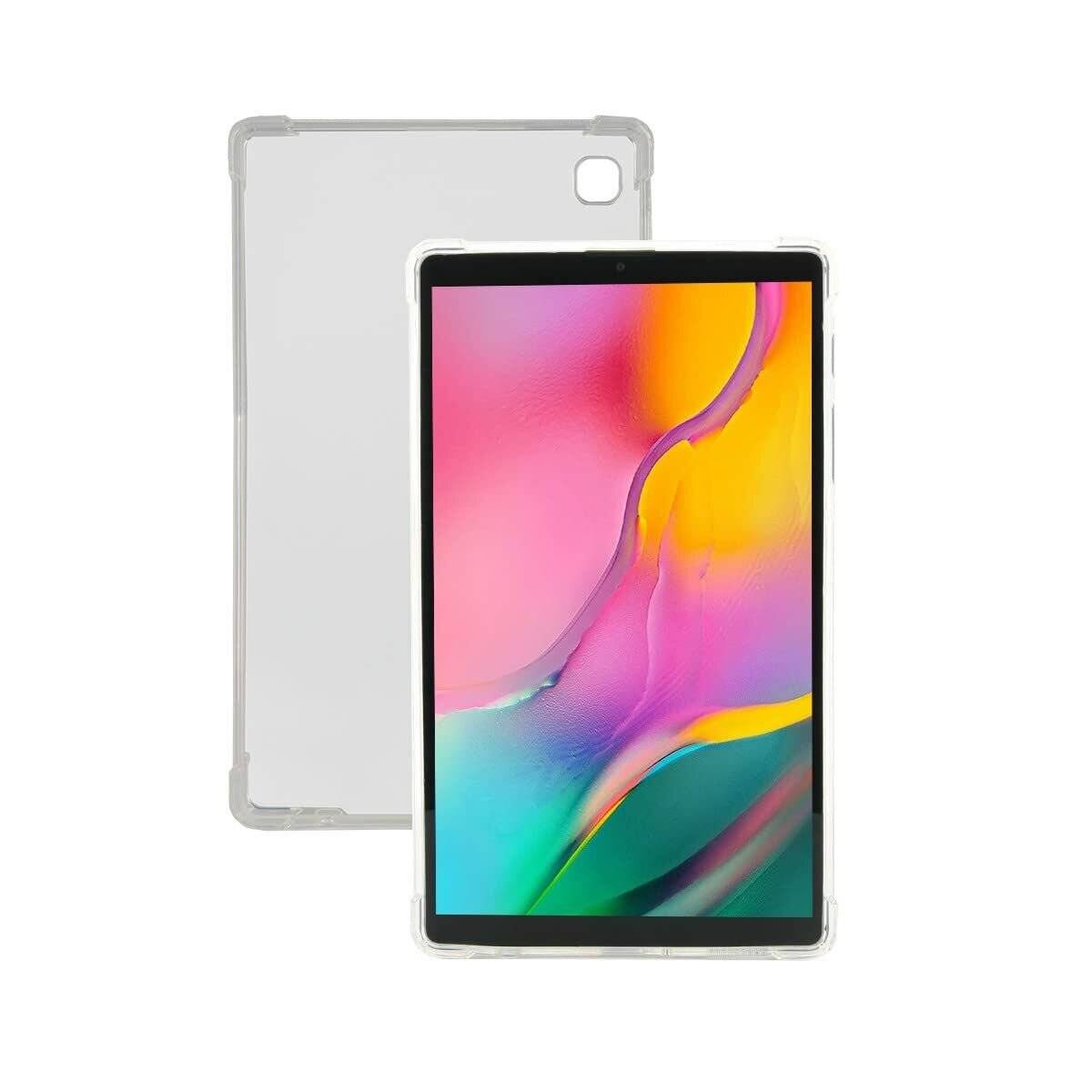 Eine Tablette mit einem farbenfrohen Bildschirm, der ein abstraktes Design zeigt, präsentiert in Vorder- und Rückansicht vor einem einfarbigen Hintergrund.
