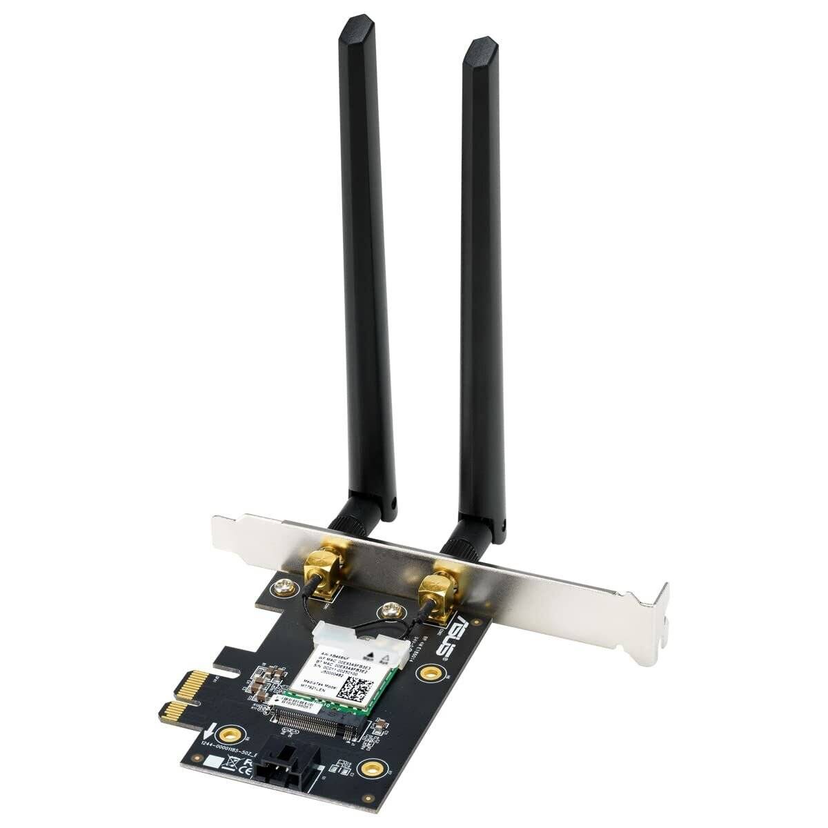 Eine Wireless-Netzwerkkarte mit zwei Antennen, die an einer Leiterplatte befestigt ist und zur Installation in der Hauptplatine eines Computers vorgesehen ist.