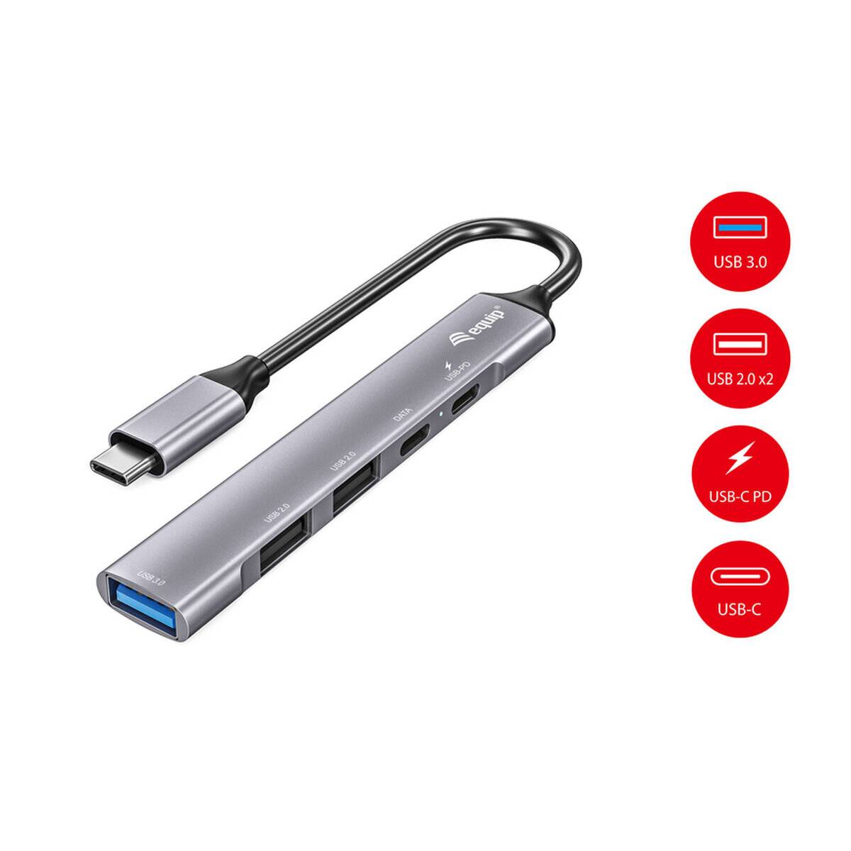 Ein kompakter USB-C-Hub mit mehreren Anschlüssen: USB 3.0, zwei USB 2.0, USB-C PD und USB-C, dargestellt neben Symbolen, die jeden Anschlusstyp illustrieren.