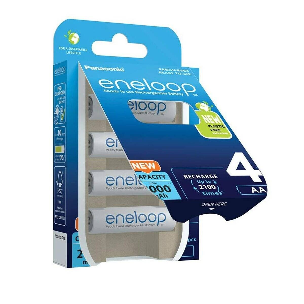 Panasonic eneloop 4er-Pack AA-Akkus in Verpackung, die hohe Kapazität und umweltfreundliche Eigenschaften präsentiert.