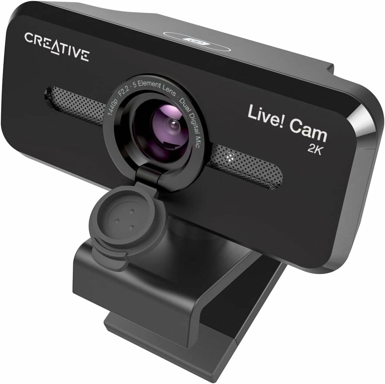 Eine schwarze Creative Live! Cam 2K Webcam mit einer Schutzabdeckung über dem Objektiv, entwickelt für hochauflösende Videoanrufe und Streaming.