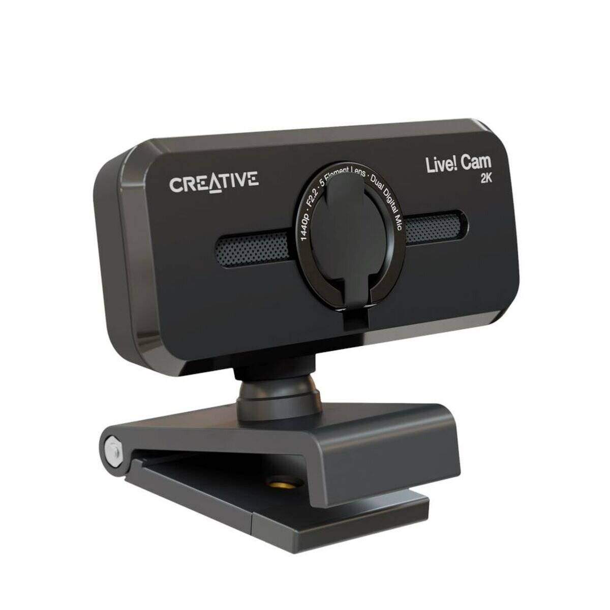 Eine schwarze Creative Live! Cam 2K Webcam mit verstellbarem Ständer, ausgestattet mit einem Sichtschutzdeckel in geschlossener Position.