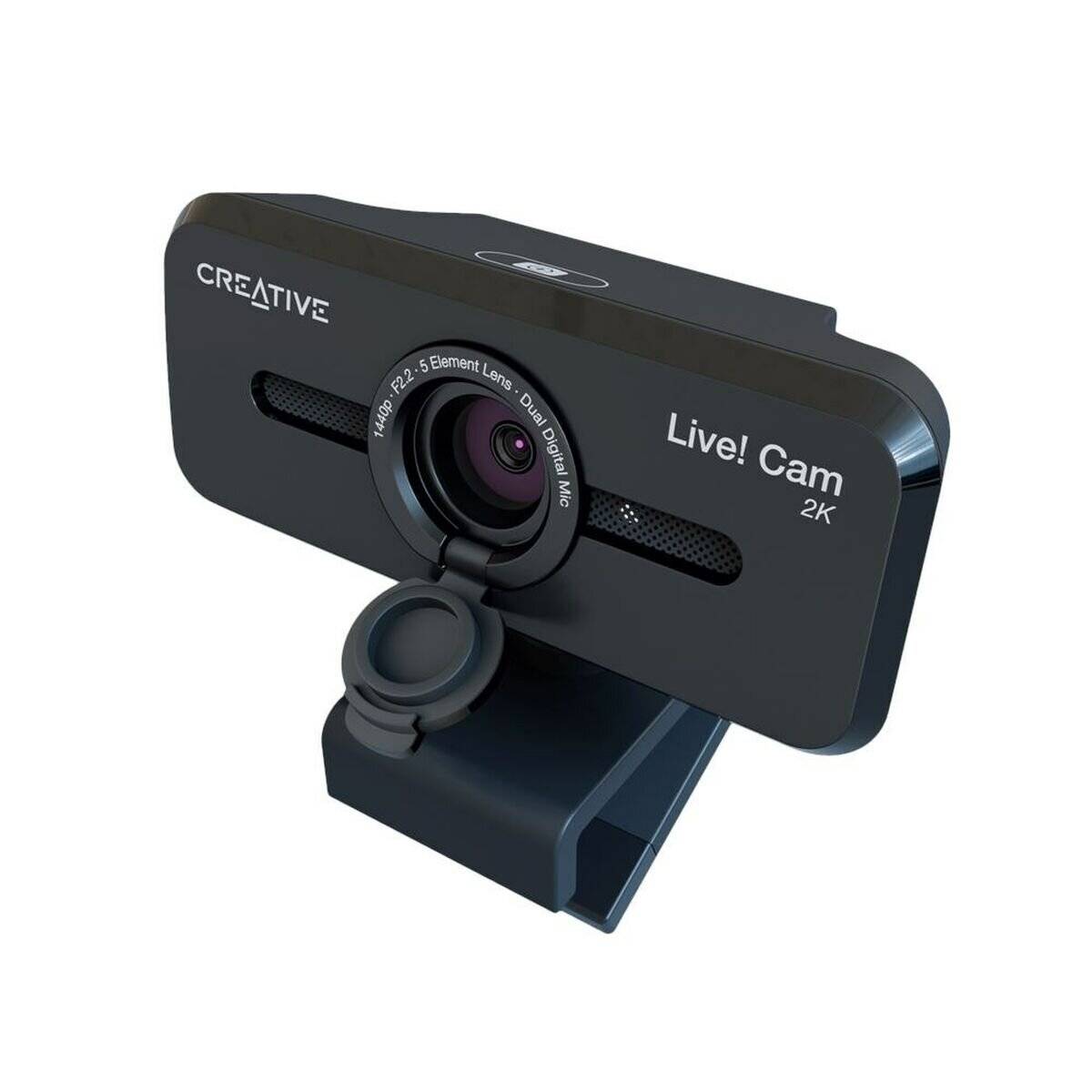 Eine schwarze Creative Live! Cam 2K Webcam mit einer Linse in der Mitte, integriertem Mikrofon und verstellbarer Klemme zum Befestigen an Bildschirmen.