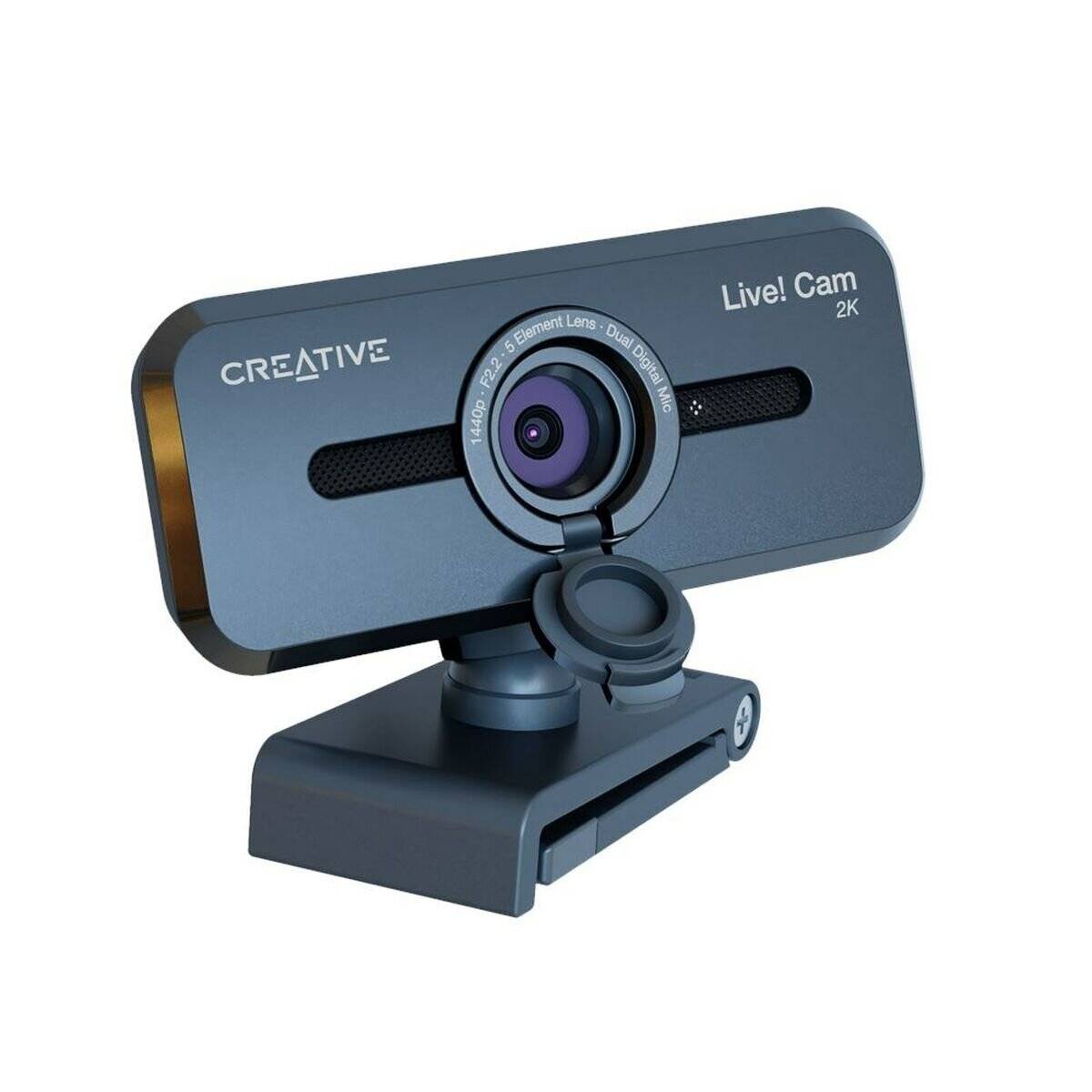 Eine schwarze Webcam mit der Markenbezeichnung 'Creative Live! Cam 2K', ausgestattet mit einem Weitwinkelobjektiv und einem verstellbaren Ständer, ideal für hochwertige Videoanrufe.