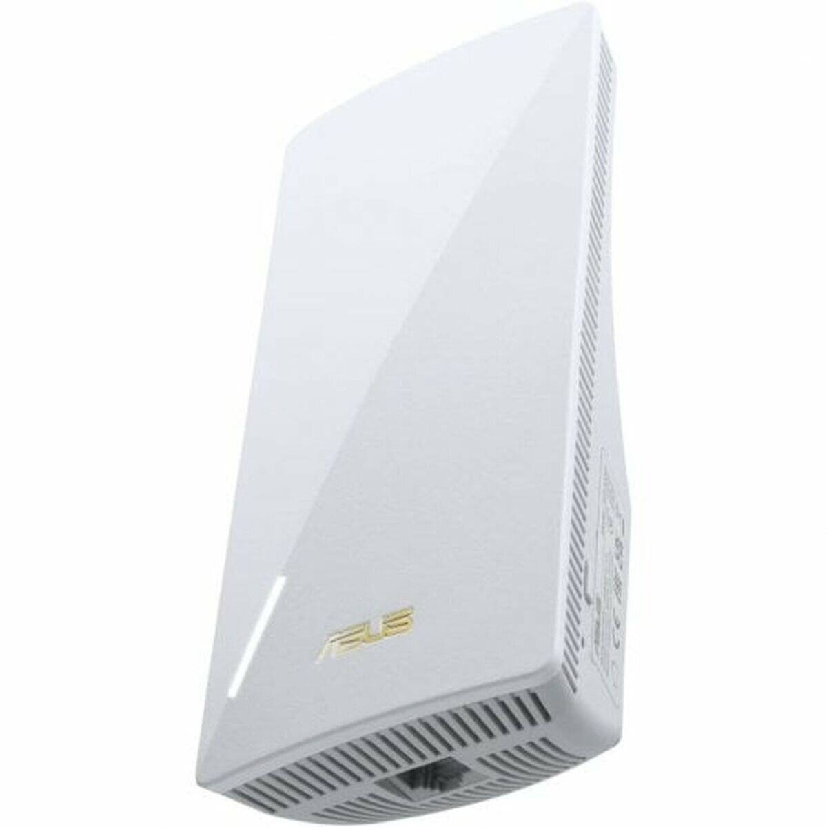 Ein weißer ASUS WLAN-Router mit schlankem, vertikalem Design, belüfteten Seiten und LED-Anzeige, der zur Verbesserung der Internetverbindung verwendet wird.