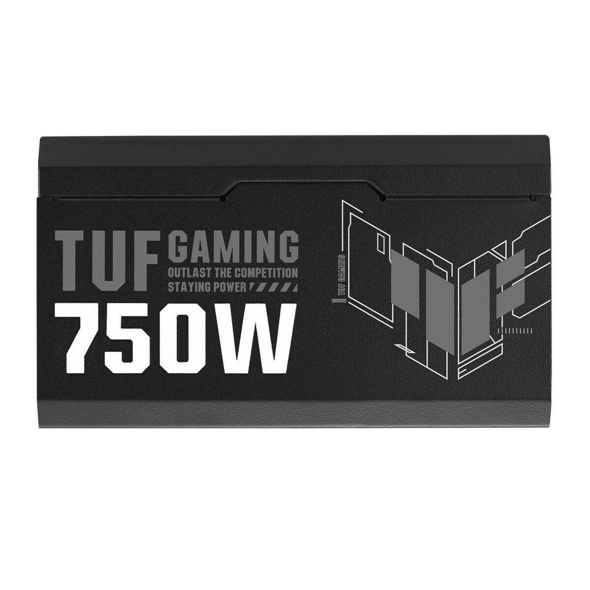 TUF Gaming 750-W-Netzteil mit der Markenbotschaft und dem Slogan „Übertreffe die Konkurrenz, Durchhaltevermögen