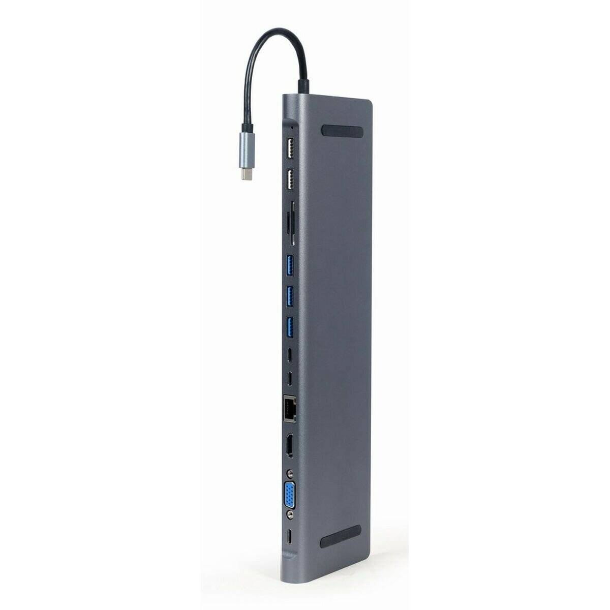 Eine schlanke, vertikale Dockingstation mit verschiedenen Anschlüssen wie USB, HDMI, Ethernet und VGA, die entwickelt wurde, um die Konnektivität von Laptops zu erweitern.