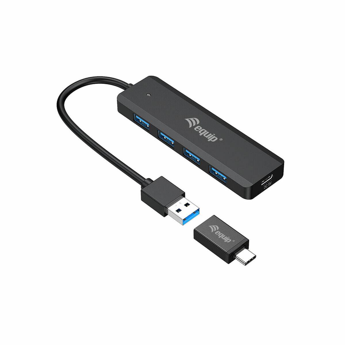 USB-Hub mit vier USB-Anschlüssen und einem abnehmbaren USB-C/USB-A-Adapter, mit Logo versehen, zur Erweiterung der Geräteverbindungen.