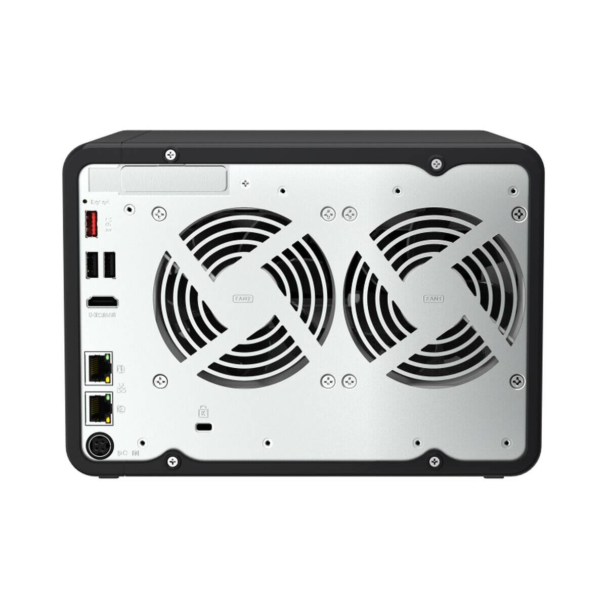 Rückansicht eines silbernen und schwarzen elektronischen Geräts mit zwei großen kreisrunden Lüftern, Anschlüssen und Steckverbindern, höchstwahrscheinlich ein Netzwerkspeichergerät.