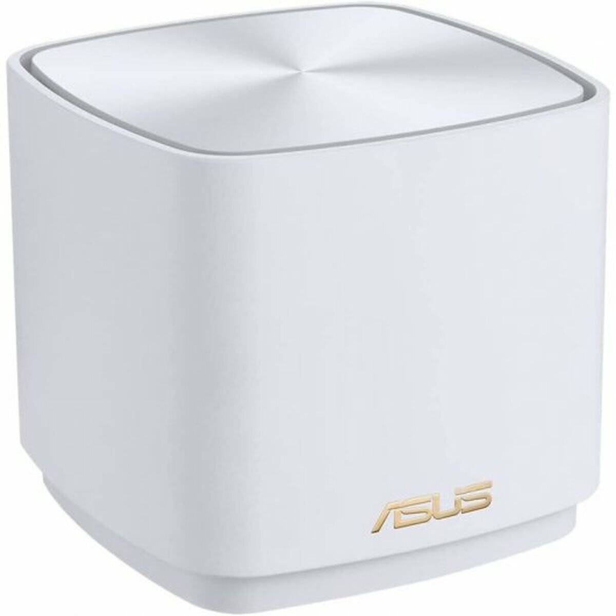 Ein weißer Asus Mesh-WLAN-Router mit abgerundeten Kanten und einem Asus-Logo an der vorderen Unterseite, entwickelt für eine verbesserte drahtlose Internetabdeckung.
