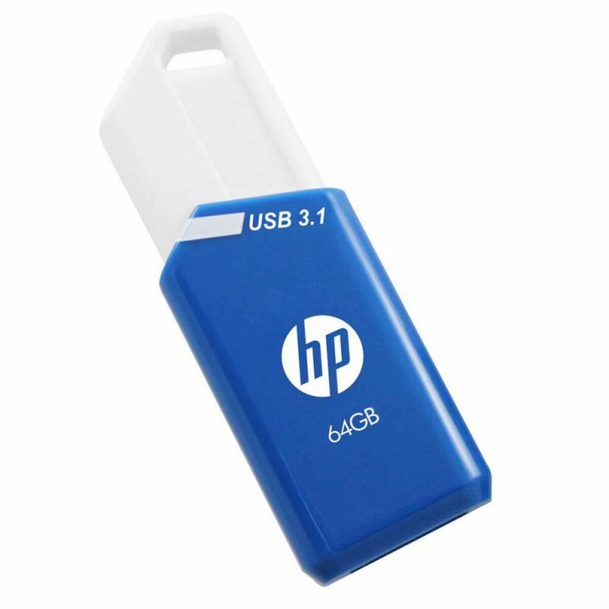 Blauer und weißer USB-Stick mit der Aufschrift 