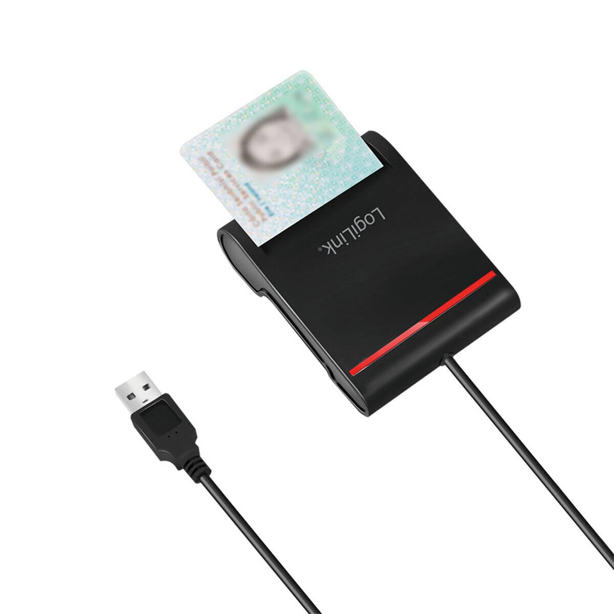 Ein USB-Kartenleser, der an einen Computer angeschlossen ist, mit einer teilweise eingesteckten Identitätskarte, auf der ein unscharfes Foto und Text zu sehen sind, was auf Datenzugriff hindeutet.