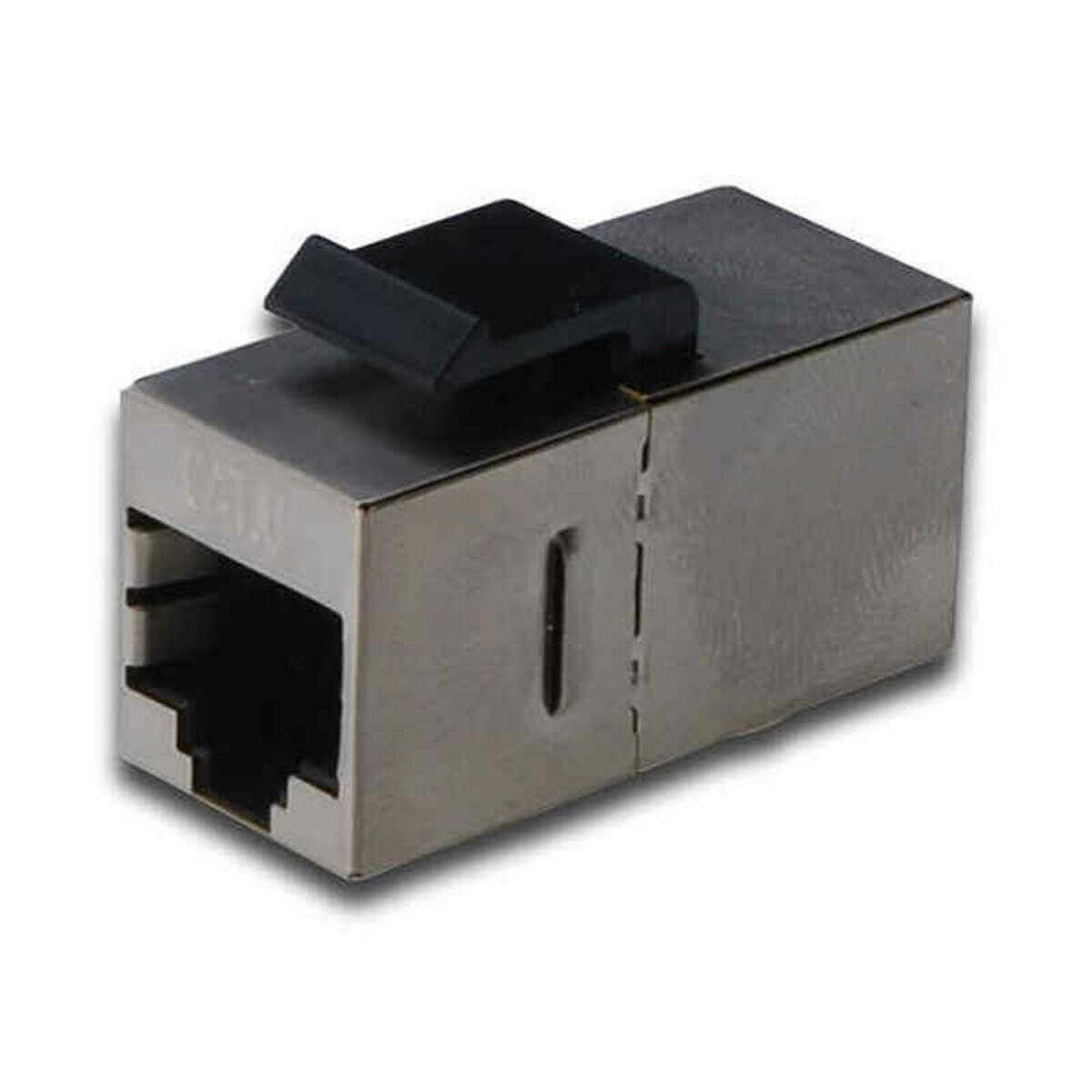 Eine Metall-RJ45-Netzwerk-Keystone-Buchse mit einem schwarzen Verriegelungsclip für Ethernet-Verbindungen.