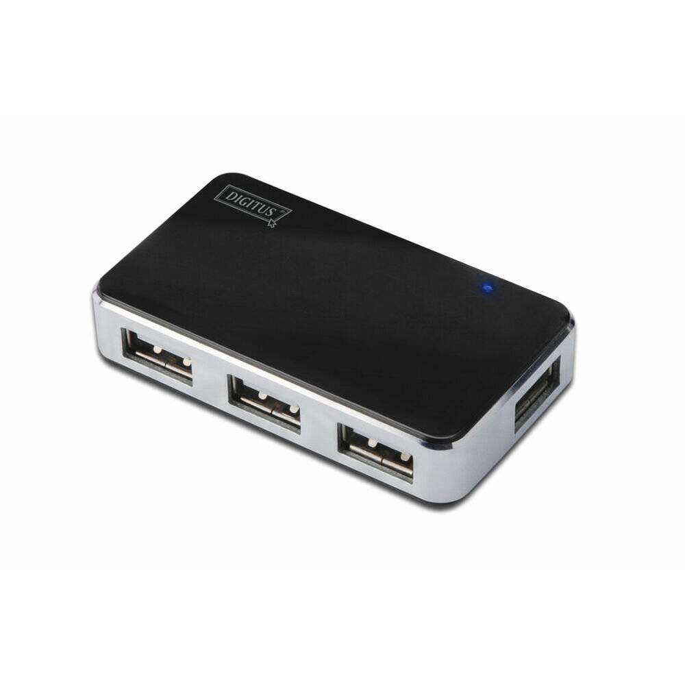 Ein schwarzer USB-Hub mit vier Anschlüssen, einschließlich eines seitlichen Anschlusses, gekennzeichnet mit der Marke 'Digitus'.