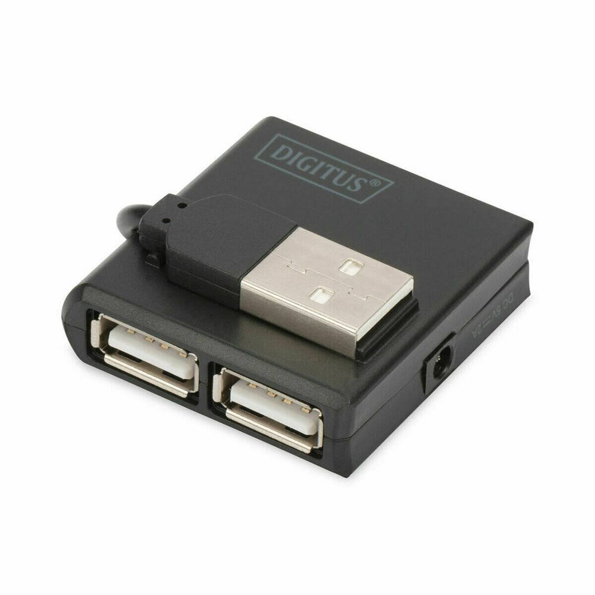 Ein schwarzer USB-Hub mit drei Anschlüssen und einem USB-Stecker, beschriftet mit DIGITUS.