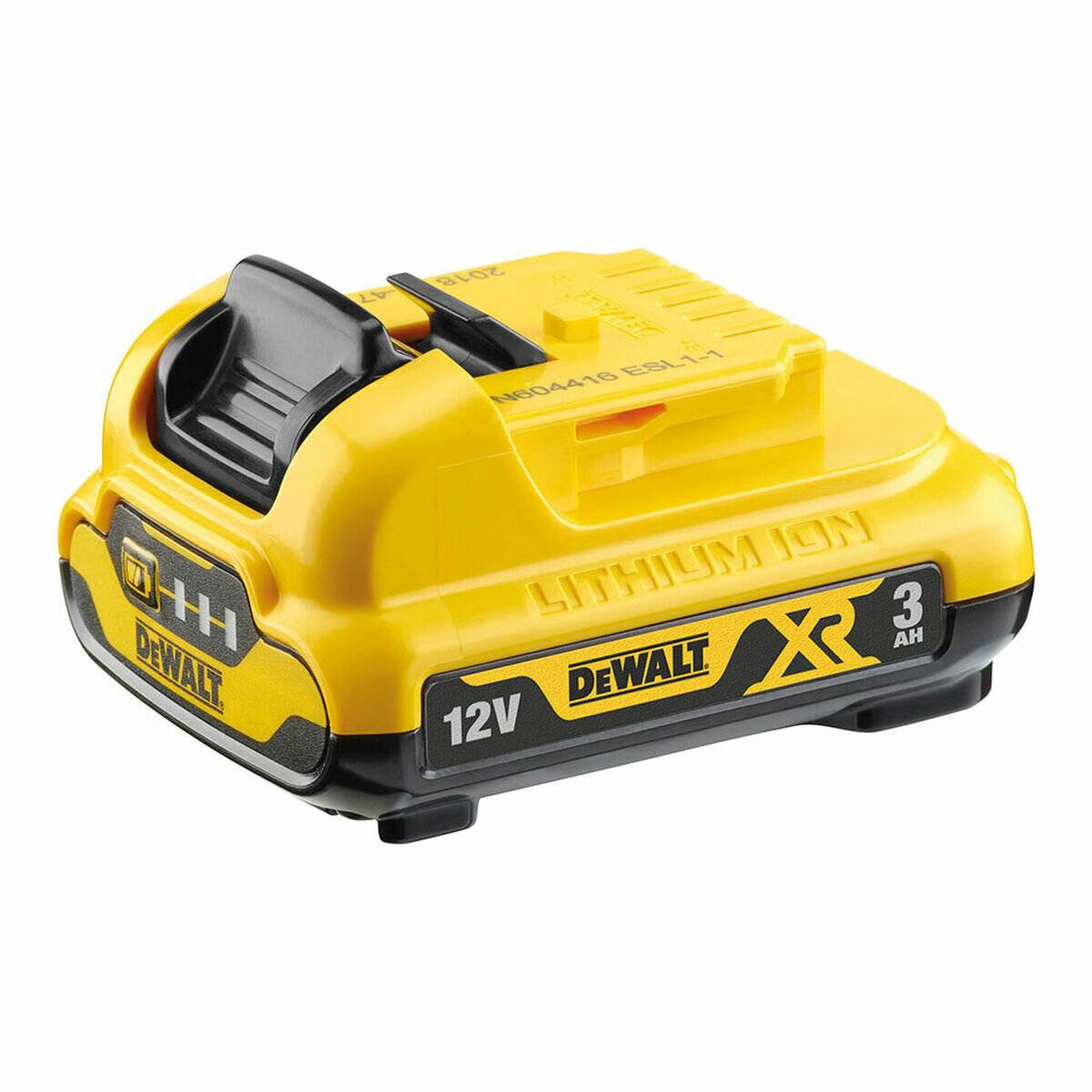 Gelber Dewalt 12V 3Ah Lithium-Ionen-Akkupack mit schwarzem Etikett, verwendet für Elektrowerkzeuge.